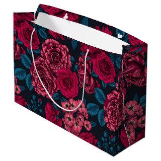 Pink, red and bi-color roses with blue leaves on b large gift bag