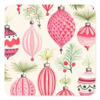 Pink Red Retro Christmas Ornaments Square Sticker