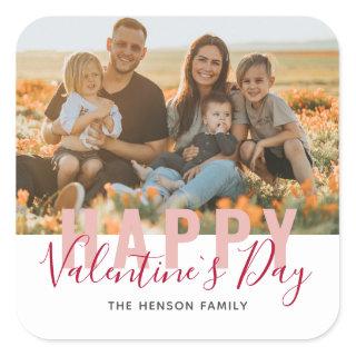 Pink Red Valentine`s Day Script Family Photo Square Sticker