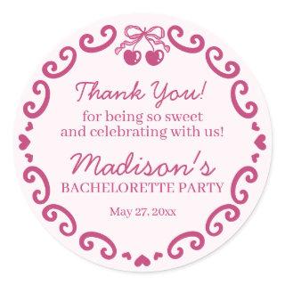 Pink Retro Heart Coquette Cherry Cake Bachelorette Classic Round Sticker