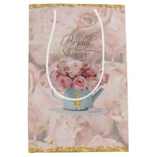 Pink Rose Bouquet Gold Bee Crown Blue Teapot Bride Medium Gift Bag