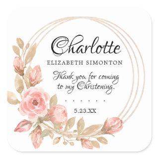 Pink Rose Floral  Personalized Christening Square Sticker