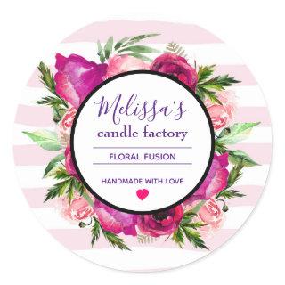 Pink Rose & Poppy Floral Bouquet Candle Business Classic Round Sticker