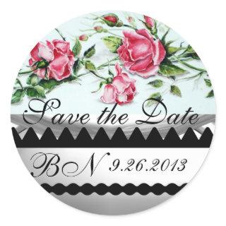 PINK ROSES AND ROSEBUDS Save The Date Monogram Classic Round Sticker