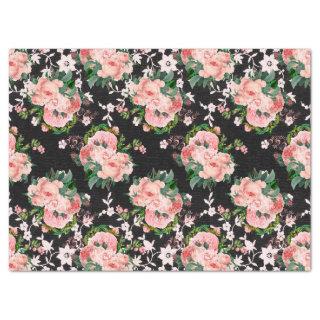 Pink Roses and White Flowers on Black Decoupage Tissue Paper