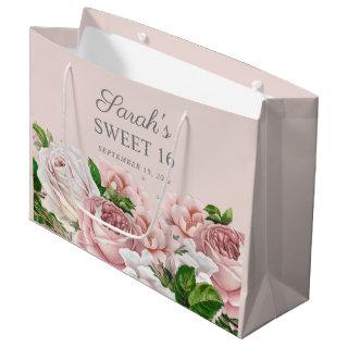 Pink Roses Floral Silver Glitter Sweet 16  Large Gift Bag