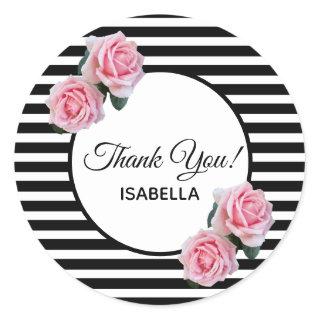 Pink roses on black white stripes Thank You Classic Round Sticker
