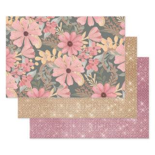 Pink Sage Green Flowers Leave Watercolor Pattern  Sheets