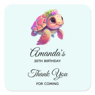 Pink Sea Turtle Whimsical & Cute Birthday Square Sticker