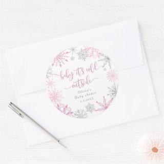 Pink silver snowflakes baby its cold outside classic round sticker