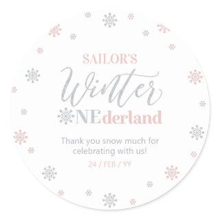 Pink Silver Winter onederland Thank you snow much Classic Round Sticker