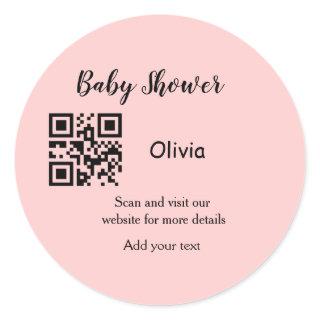 Pink simple baby shower q r code add name text thr classic round sticker