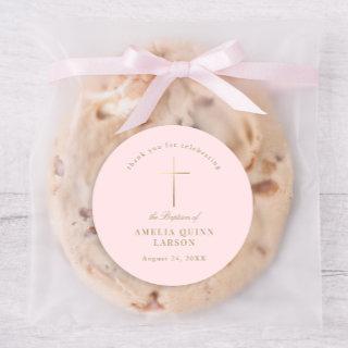 Pink Simple Elegant Gold Cross Baptism Christening Classic Round Sticker