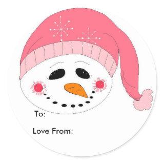 Pink Snowman Classic Round Sticker