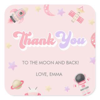 Pink Space Moon and Stars Birthday Thank You Square Sticker