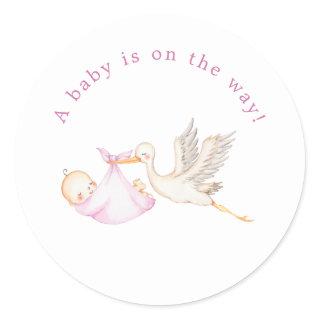 Pink Stork Baby Shower Round Sticker