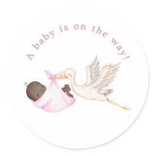 Pink Stork Baby Shower Round Sticker