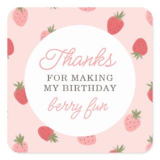 Pink Strawberry Birthday Party Thank You Square Sticker