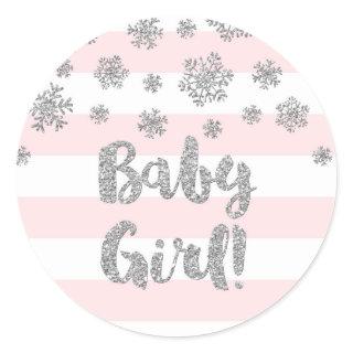 Pink Stripe Silver Snowflake Winter Baby Shower Classic Round Sticker