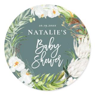 Pink, teal + orchid tropical floral baby shower classic round sticker