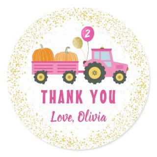 Pink Tractor Pumpkin Autumn Birthday Thank You Classic Round Sticker