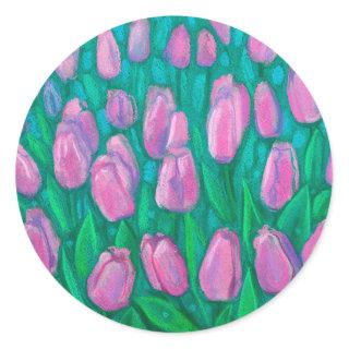 Pink Tulips Field, Spring Flowers Floral Painting  Classic Round Sticker