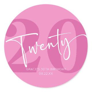 Pink Twenty 20th Twentieth Birthday Party Favor Classic Round Sticker