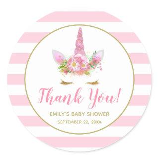 Pink Unicorn Face Girls Baby Shower Thank You Classic Round Sticker