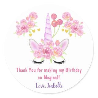 Pink Unicorn Watercolor Florals Thank You Birthday Classic Round Sticker