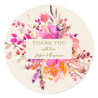 Pink Watercolor Floral Bouquet Wedding Name Custom Classic Round Sticker