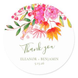Pink Watercolor Floral Custom Wedding Thank You Classic Round Sticker