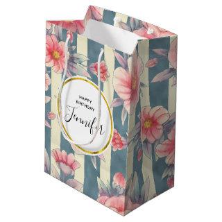 Pink Watercolor Flowers on Stripes Birthday Medium Gift Bag