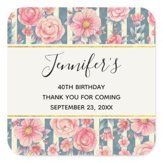 Pink Watercolor Flowers on Stripes Birthday Square Sticker