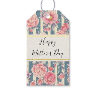 Pink Watercolor Flowers on Stripes Mother's Day Gift Tags