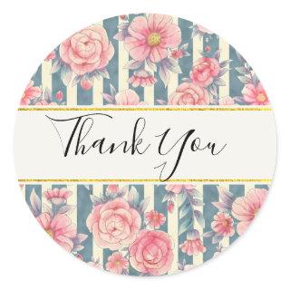 Pink Watercolor Flowers on Stripes Thank You Classic Round Sticker