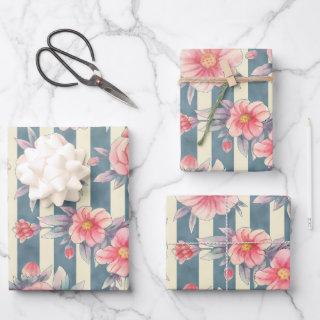 Pink Watercolor Flowers on Stripes  Sheets