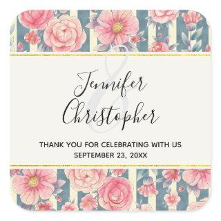 Pink Watercolor Flowers Wedding Thank You Square Sticker