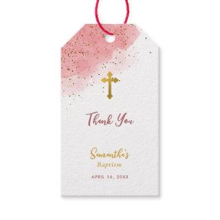 Pink Watercolor Glitter Gold Cross Baptism Girl Gift Tags