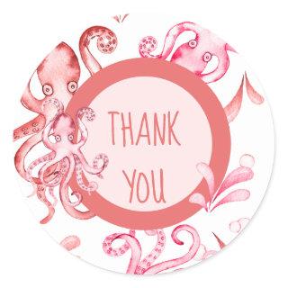 Pink Watercolor Octopus Sea Baby Girl Thank You Classic Round Sticker
