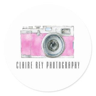 Pink Watercolor Retro Camera Photographer Logo Classic Round Sticker