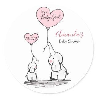 Pink, White Gray Elephant Baby Shower Classic Round Sticker