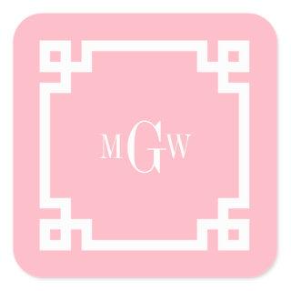 Pink Wht Greek Key #2 Framed 3 Init Monogram Square Sticker
