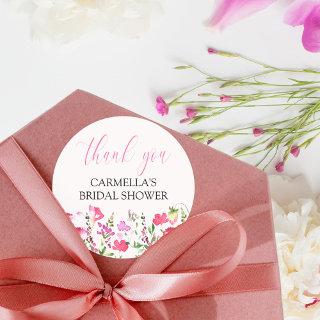 Pink Wildflower Bridal Shower Thank You Script Classic Round Sticker