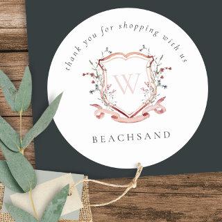 Pink Wildflower Crest Thank you for Shopping Classic Round Sticker
