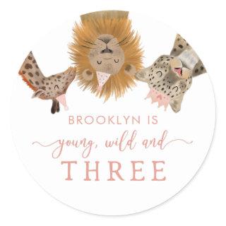 Pink Young Wild and Three Safari Birthday Party Classic Round Sticker