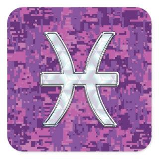 Pisces Zodiac on Fuchsia Pink Digital Camouflage Square Sticker