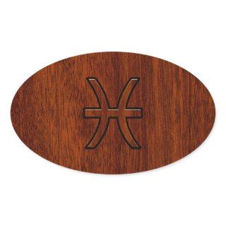 Pisces Zodiac Sign in Mahogany wood style Oval Sticker