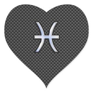 Pisces Zodiac Symbol on Carbon Fiber Print Heart Sticker