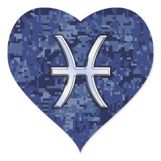 Pisces Zodiac Symbol on Navy Blue Digital Camo Heart Sticker