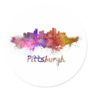 Pittsburgh skyline in watercolor classic round sticker